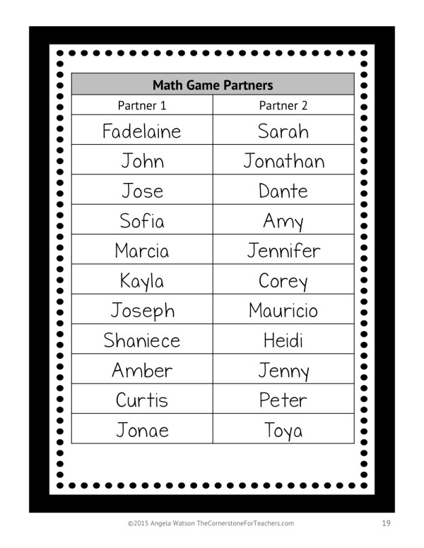 Partner 1 is responsible for getting all the game materials from the front of the room, and Partner 2 is responsible for returning them after game play. I usually set a timer for one minute and teach kids to have everything in its place and be ready to work when the timer goes off. This routine makes set up and clean up super quick.